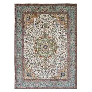Vintage Persian Tabriz 9.7x13 Ivory and Green Handmade Area Rug