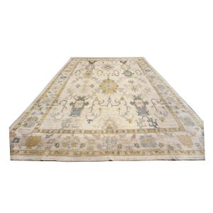 21st Century Oversized Turkish Oushak 13x19 Ivory, Olive Green & Blue Handmade Rug — Slate | Ashly Fine Rugs Houston TX