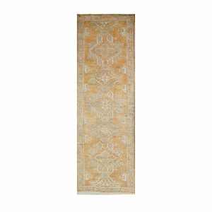 Antique Turkish Oushak 3X11 Golden Beige & Khaki Handmade Runner Rug