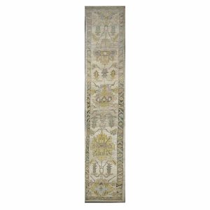 21st Century Turkish Oushak 3X18 Gold, Ivory & Charcoal Handmade Runner Rug