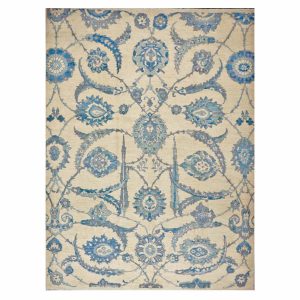 21st Century Turkish Oushak 9x12 Ivory & Slate Blue Handmade Area Rug
