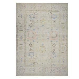 21st Century Turkish Oushak 10X14 Ivory, Brown & Slate Blue Handmade Area Rug