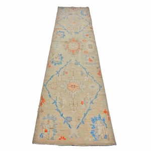 21st Century Turkish Oushak 3X12 Slate Blue, Ivory & Orange Handmade Runner Rug — Slate | Ashly Fine Rugs Houston TX