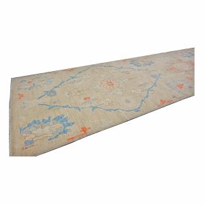 21st Century Turkish Oushak 3X12 Slate Blue, Ivory & Orange Handmade Runner Rug — Slate | Ashly Fine Rugs Houston TX