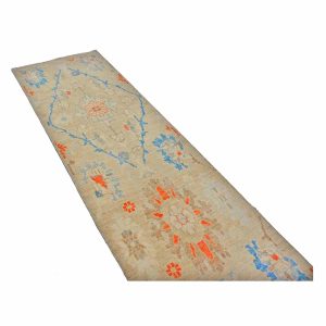 21st Century Turkish Oushak 3X12 Slate Blue, Ivory & Orange Handmade Runner Rug — Slate | Ashly Fine Rugs Houston TX
