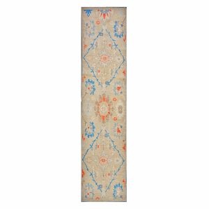 21st Century Turkish Oushak 3X12 Slate Blue, Ivory & Orange Handmade Runner Rug