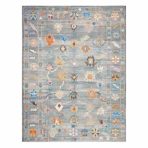 21st Century Turkish Oushak 9x12 Gray, Orange & Slate Blue Handmade Area Rug